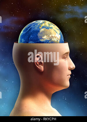 Young male figure has the top of its head removed, showing the Earth in place of its brain. Digital illustration. Stock Photo