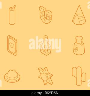 Wild west color outline isometric icons. American Frontier. Vector illustration, EPS 10 Stock Vector
