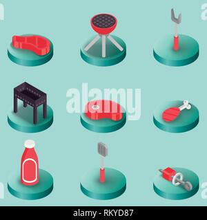 BBQ color isometric icons. Barbecue Food flyer. Barbecue advertisement. Vector illustration, EPS 10 Stock Vector