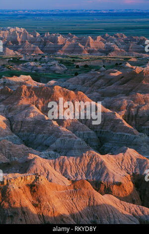 Badlands at sunset from Sage Creek Basin Overlook; Badlands National Park, South Dakota. Stock Photo