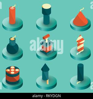Pyrotechnics color isometric icons. Vector illustration, EPS 10 Stock Vector