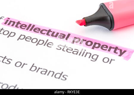 Intellectual property text on white paper with a highlight marker Stock Photo