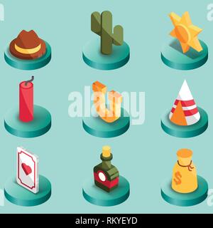 Wild west color isometric icons. American Frontier. Vector illustration, EPS 10 Stock Vector