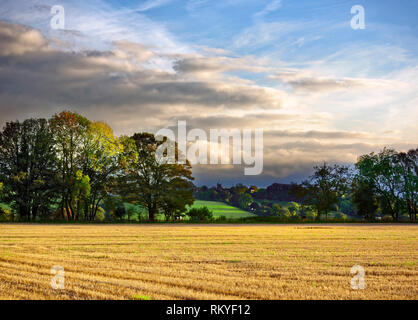 An evening view across farmland of the small village of North Nibley near Wotton-under-Edge in the Cotswolds. Stock Photo