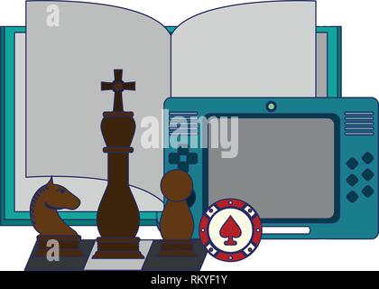Book open with portable videogame and chess pieces Stock Vector