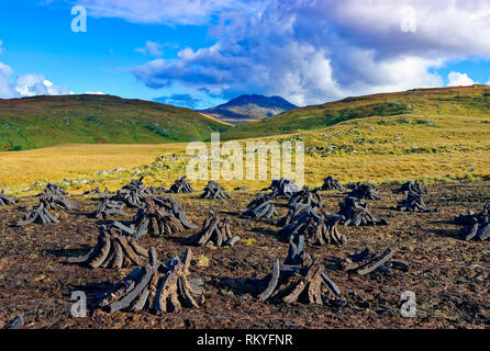 Cut peat on the remote hills of Connemara in County Galway. Stock Photo