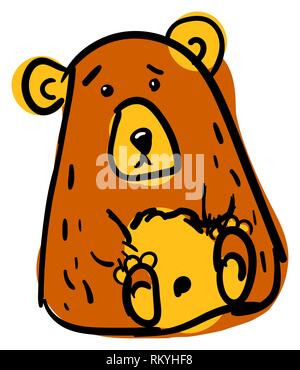 Hand drawn bear isolated on white background. Brown and yellow colored spots. Black outline drawing by hand. Doodle vector illustration Stock Vector