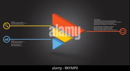 3D illustration infographic template. The embossed triangle is divided to three color parts. Object is askew arranged on grey black background. Color  Stock Vector