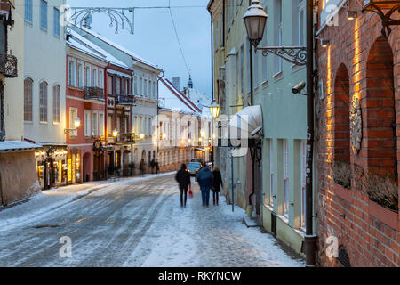 Winter evening in Vilnius old town. Stock Photo