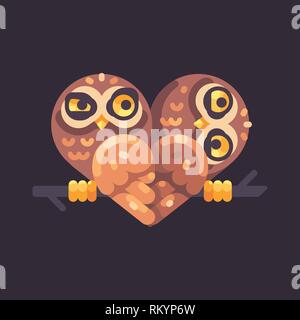 Two funny owls on a branch in the shape of a heart. Valentine's Day flat illustration. Stock Vector