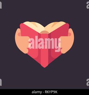 Hands holding a book in the shape of a heart. Love for reading flat illustration Stock Vector