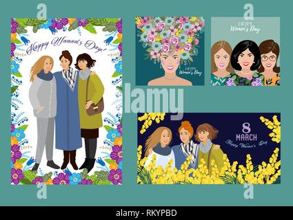 8 March. Happy womens day. Set Templates for horizontal, vertical and square card, poster, flyer and other users Stock Vector