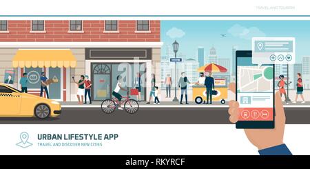 Tourism app, navigation and global connections: tourist traveling to USA and using maps on his smartphone to find locations Stock Vector