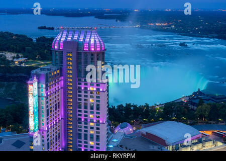 Night aerial view of the Table Rock Welcome Centre of the beautiful Niagara Falls at Canada Stock Photo