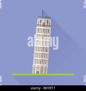 Flat design long shadow icon of Leaning Tower of Pisa, Italy Stock Vector