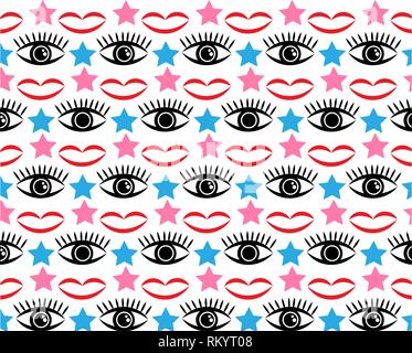Lips and eyes vector pattern. Endless Wallpaper imprint of red lips, black eyes and stars Stock Vector