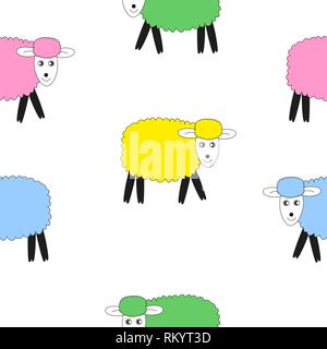 Seamless pattern of colored sheep isolated on a white background. Stock Vector