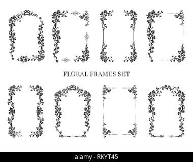 Black elegant frames set of roses for holiday design wedding, anniversary, party, birthday. For invitation, ticket, leaflet, banner, poster and tattoo. Fairy flourish design elements Stock Vector