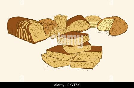 sweets and breads composition, hand-drawn vector sketch Stock Vector