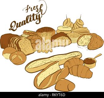 set of breads with fresh quality title, hand-drawn vector sketch Stock Vector