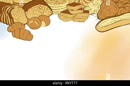 bakery breads banner with watercolor background. hand-drawn vector illustration Stock Vector
