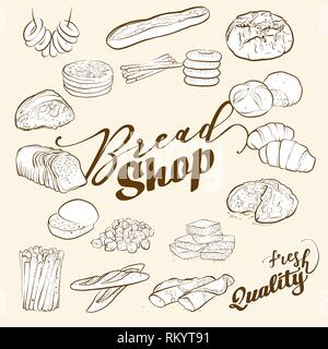 bread icons with typography, hand-drawn vector illustration Stock Vector