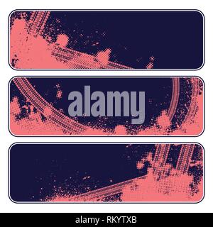 Set of three coral color tire track banners with halftone pattern Stock Vector