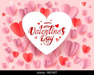 Happy valentines day greeting card with roses, hearts shape elements and ribbon. Vector illustration. Stock Vector