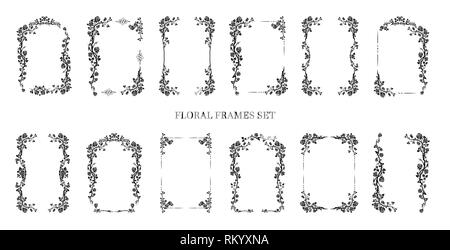 Black elegant frames set of roses for holiday design wedding, anniversary, party, birthday. For invitation, ticket, leaflet, banner, poster and tattoo. Fairy flourish design elements Stock Vector