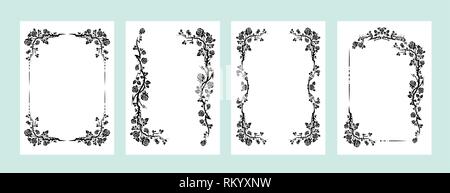 Black elegant frames set of roses for holiday design wedding, anniversary, party, birthday. For invitation, ticket, leaflet, banner, poster and tattoo. Fairy flourish design elements Stock Vector