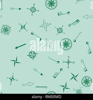 Compas and arrows icons for topographic maps. Streamless pattern Stock Vector