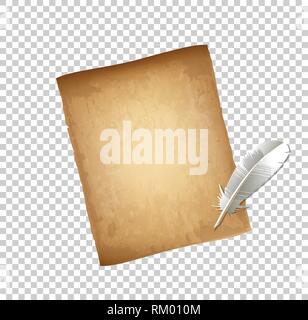 White Feather Pen and Old Papyrus Paper, Parchment Isolated on Transparent Background. Highly Detailed Realistic Border, Clip Art, Template. Old Fashi Stock Vector