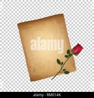 Retro Illustration of Worn Aged Parchment and Red Rose Flower Isolated on Transparent Background. Birthday Celebration Paper Texture. Valentines Day C Stock Vector