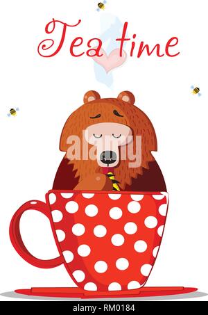 Tea Time Vector Illustration. Cute Cartoon Teddy Bear Character Sit In Red Mug with Polka Dots Ornament and Eating Sweet Honey with Paw. Bees Fly Arou Stock Vector