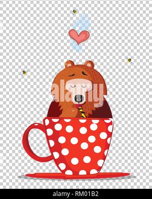Cute Cartoon Teddy Bear Character Sitting in Red Cup with Polka Dots Pattern and Licking Paw with Sweet Honey. Bees Fly Around. Heart in Steam Isolate Stock Vector