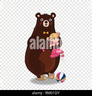 Cute Teddy Bear Wear Neck Tie and Slippers Hugging and Hold in Paws Little Kawaii Barefoot Baby Girl in Pink Princess Dress Isolated on Transparent Ba Stock Vector