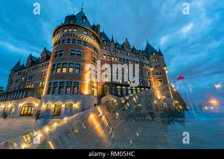 Night view of the famous Fairmont Le Château Frontenac at Quebec, Canada Stock Photo