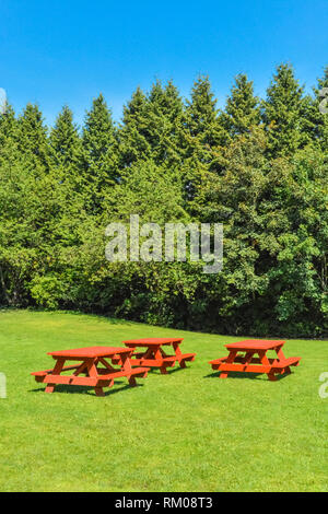 Rest area with red picnic tables on green lawn in a park Stock Photo