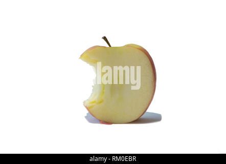 Half eaten apple, sliced and bitten, bright red part eaten apple Stock Photo