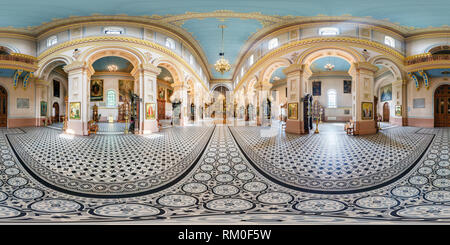 360 degree panoramic view of MINSK, BELARUS - JULY, 2017: full seamless panorama 360 by 180 angle view in interior of luxury orthodox church in  equirectangular projection, skybox