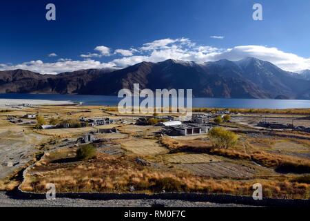 Meerak village and Pangong Lake in autumn color, Ladakh, India.