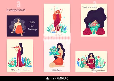 Romantic set of cute illustrations. Vector illustrations with a dreamy young beautiful women surrounded by plants and flowers. Stock Vector