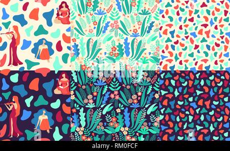 Bundle of hand drawn seamless vector patterns with beautiful female silhouettes, abstract shapes and floral elements on light and black backgrounds. Stock Vector