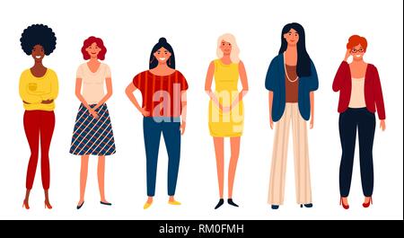 Diverse international group of standing happy women or girls. Flat cartoon characters isolated on white background. Stock Vector