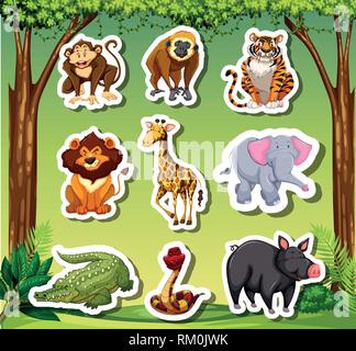 Many animals sticket in jungle background illustration Stock Vector