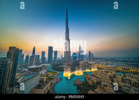 The Burj Khalifa at sunset in Dubai in UAE. Stock Photo