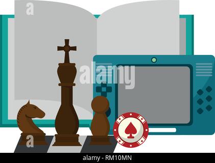 Book open with portable videogame and chess pieces Stock Vector