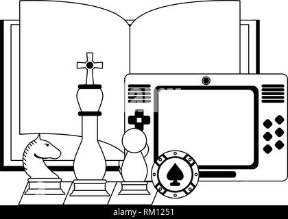 Book open with portable videogame and chess pieces in black and white Stock Vector