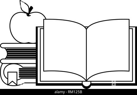 Books and apple cartoons in black and white Stock Vector