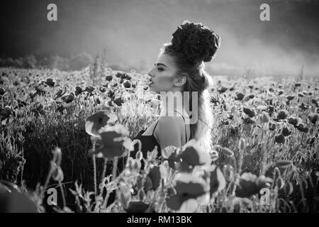 beautiful woman on poppy field with long hair Stock Photo